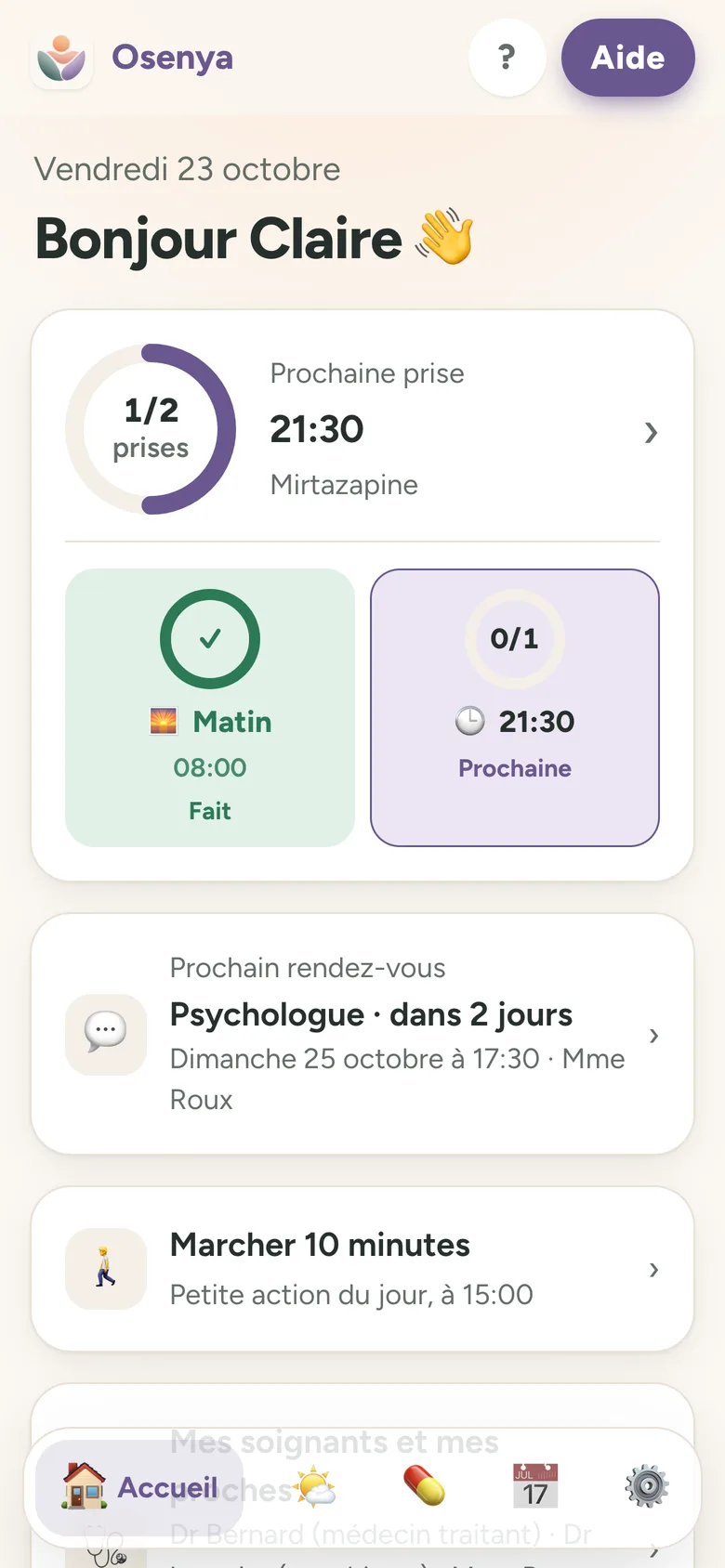 Écran d’accueil d’Osenya Compagnon : humeur du jour, prises et petite action du jour
